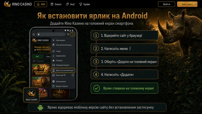 Встановлення ярлика Rino Казино на головний екран Android через меню браузера