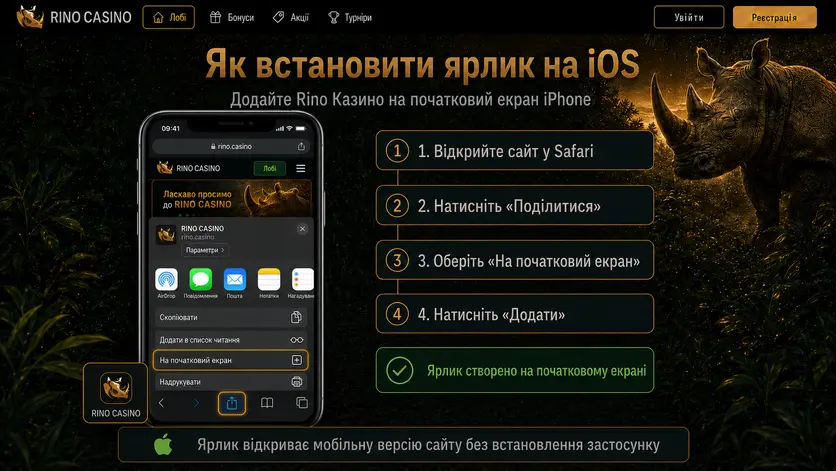 Додавання ярлика Rino Казино на початковий екран iPhone через меню «Поділитися» у Safari