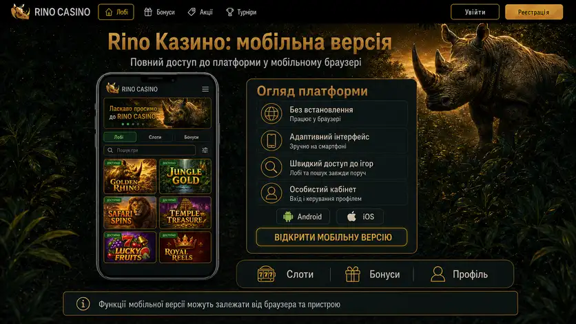 Мобільна версія Rino Казино у браузері смартфона та огляд можливостей платформи