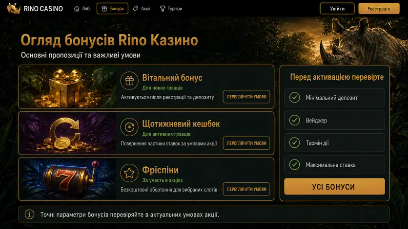 Огляд бонусів Rino Казино: вітальний бонус, щотижневий кешбек і фріспіни