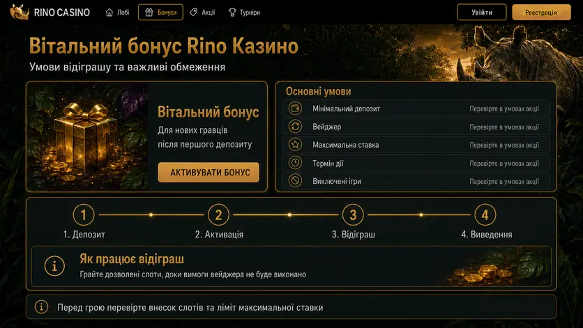 Умови вітального бонусу Rino Казино та етапи відіграшу від депозиту до виведення