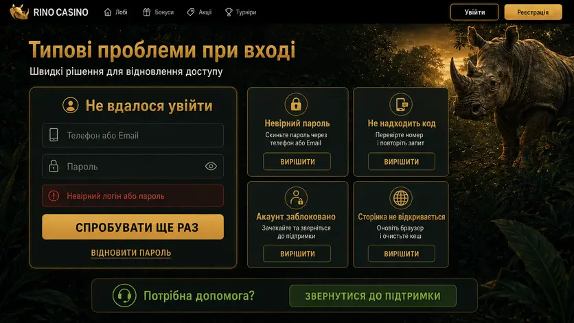 Типові помилки при вході в Rino Казино: невірний пароль, немає коду, заблокований акаунт