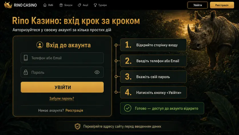 Форма входу до акаунта Rino Казино та чотири кроки авторизації