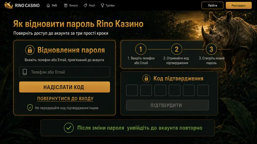Відновлення пароля Rino Казино: надсилання коду підтвердження та створення нового пароля