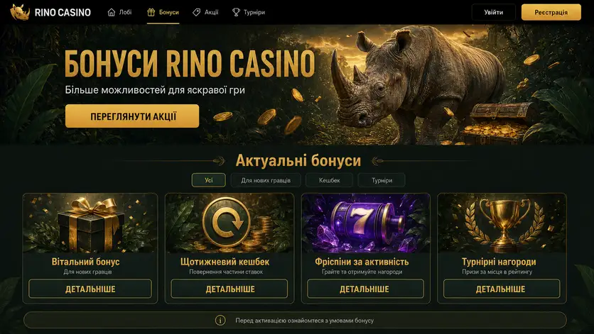 Сторінка акцій Rino Casino: вітальний бонус, щотижневий кешбек, фріспіни та турнірні нагороди