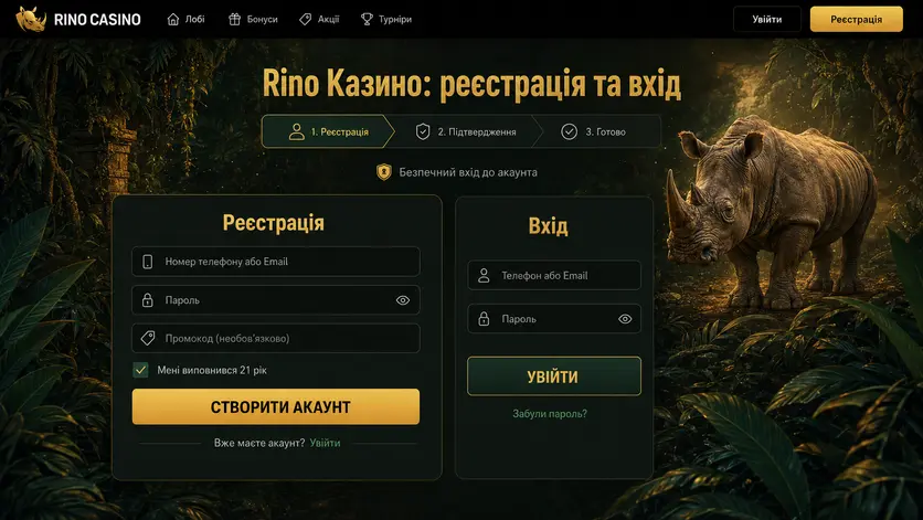 Форми реєстрації та входу Rino Казино з підтвердженням віку 21 рік